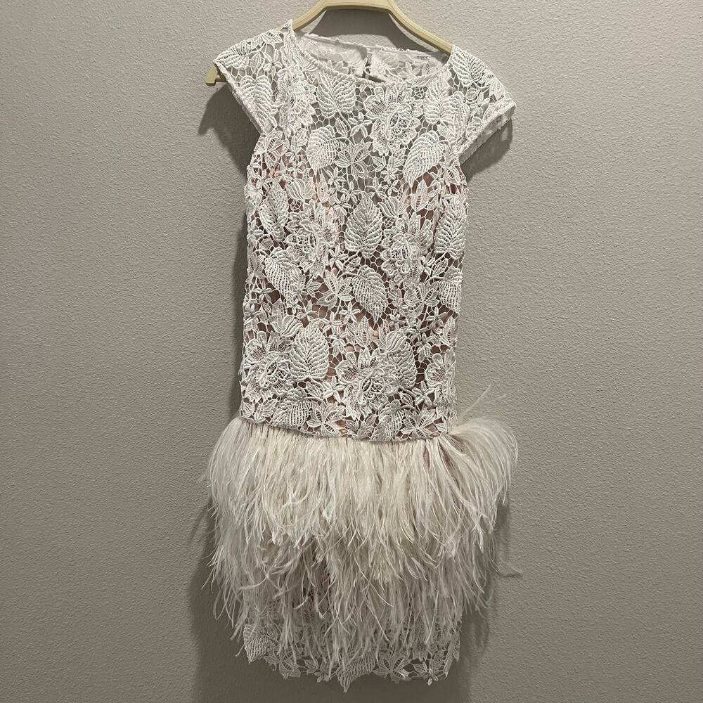 JOVANI White Lace Feather Mini Dress Open Back Pageant Bridal Cocktail Sz 4 - Picture 4 of 12